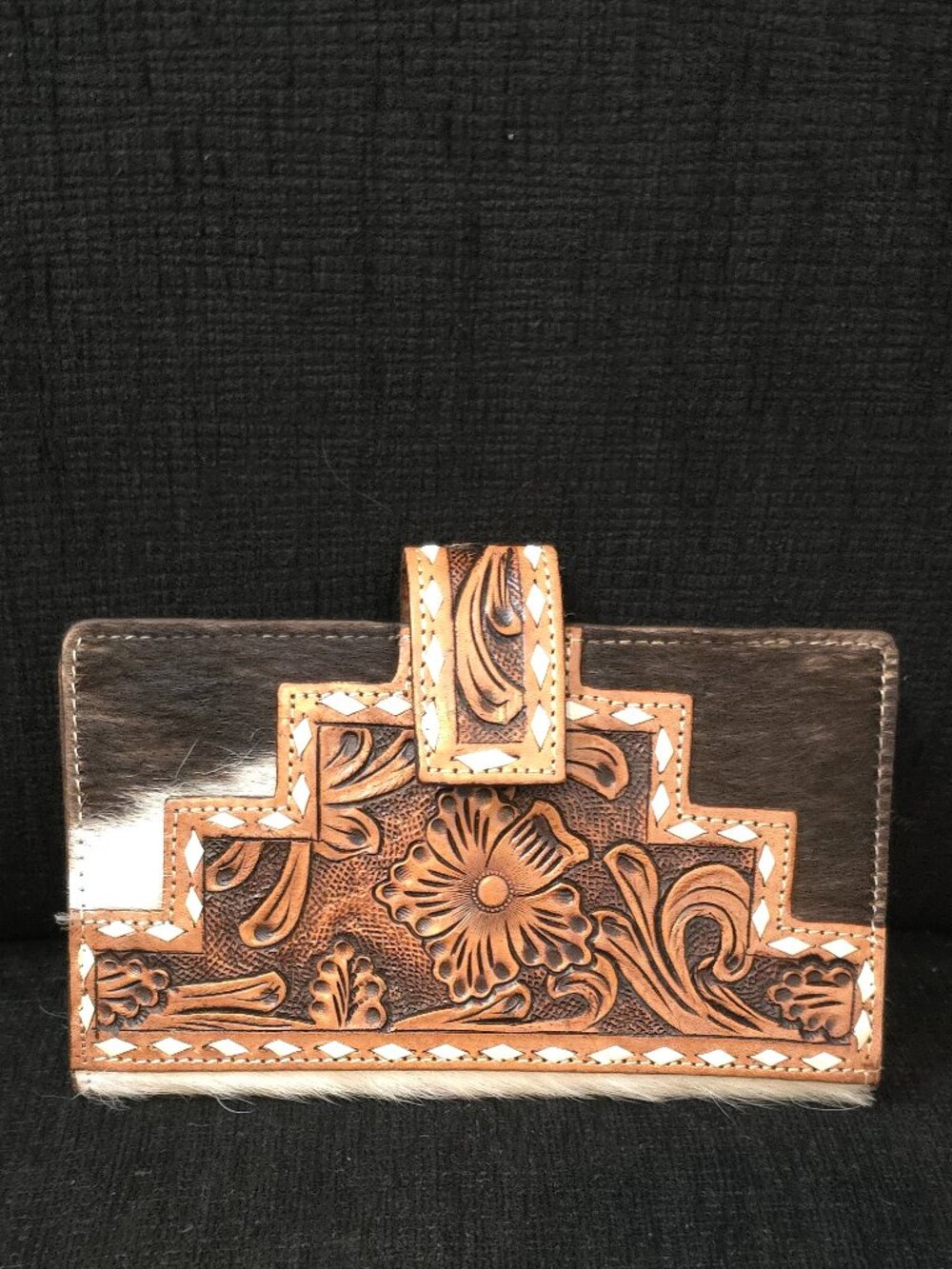 Western Hand Tooled Cowhide Hair On Leather Clutch Wallet